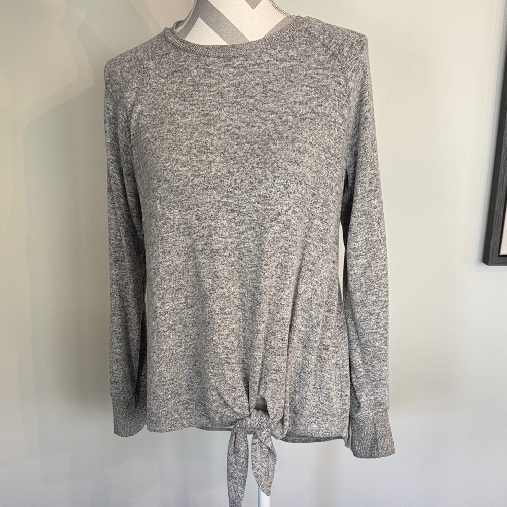 Gibson Gray Knit Tie-Hem Long Sleeve Top